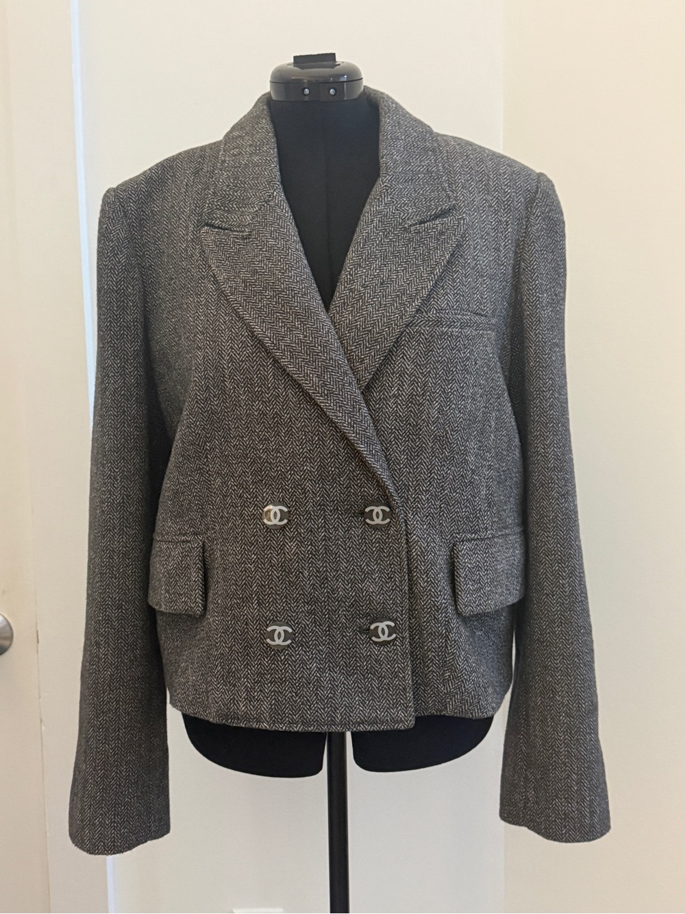 CHANEL buttons on  Gray Herringbone Double-Breasted Wool Blazer free people